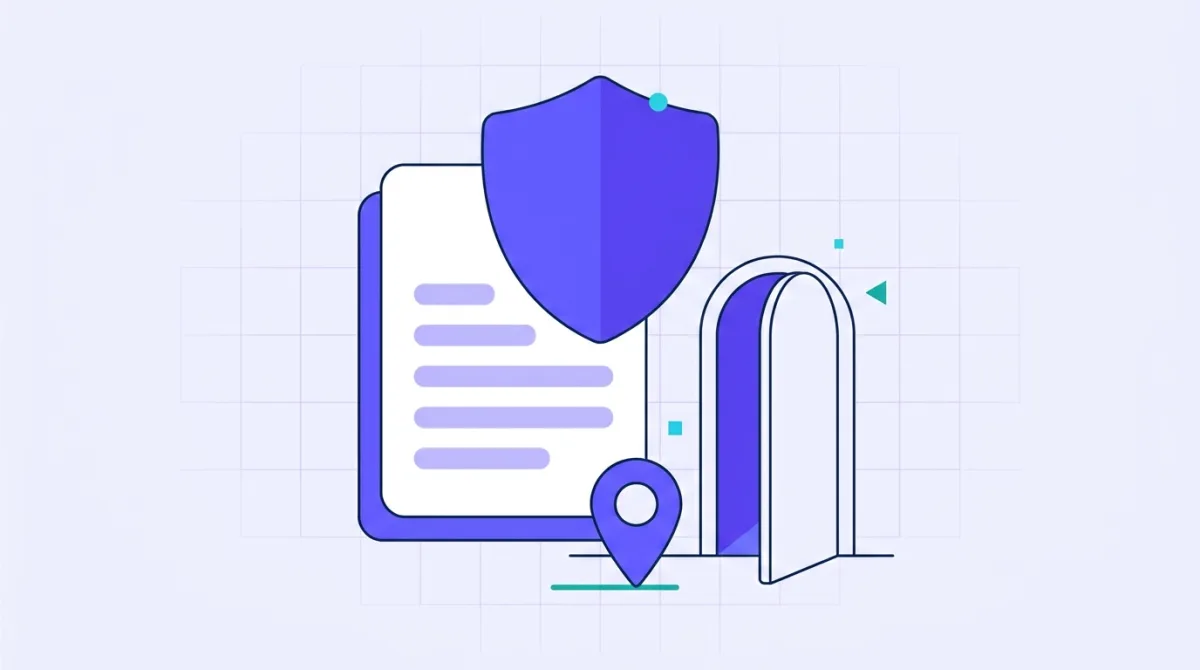 A flat illustration of a shield over a document panel, with a small opt-out door standing open beside it.