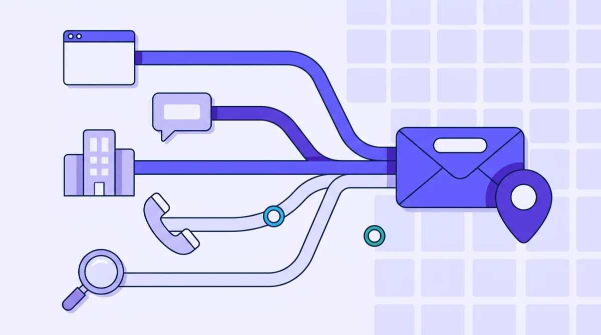 A flat illustration of several routes converging on a single envelope.