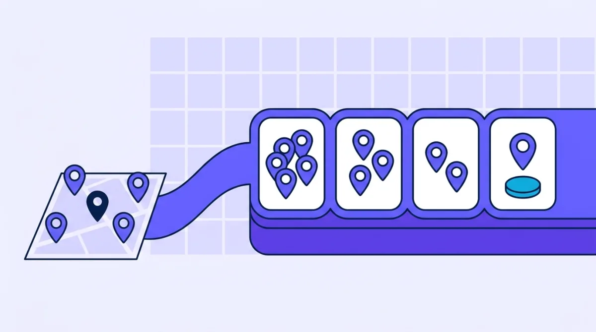 A flat illustration of pins on a map surface feeding into a row of pipeline stages.