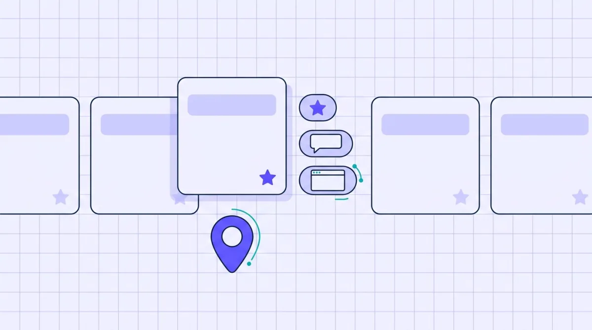 A flat illustration of a row of listing cards, one lifted and marked with plain indicator shapes.
