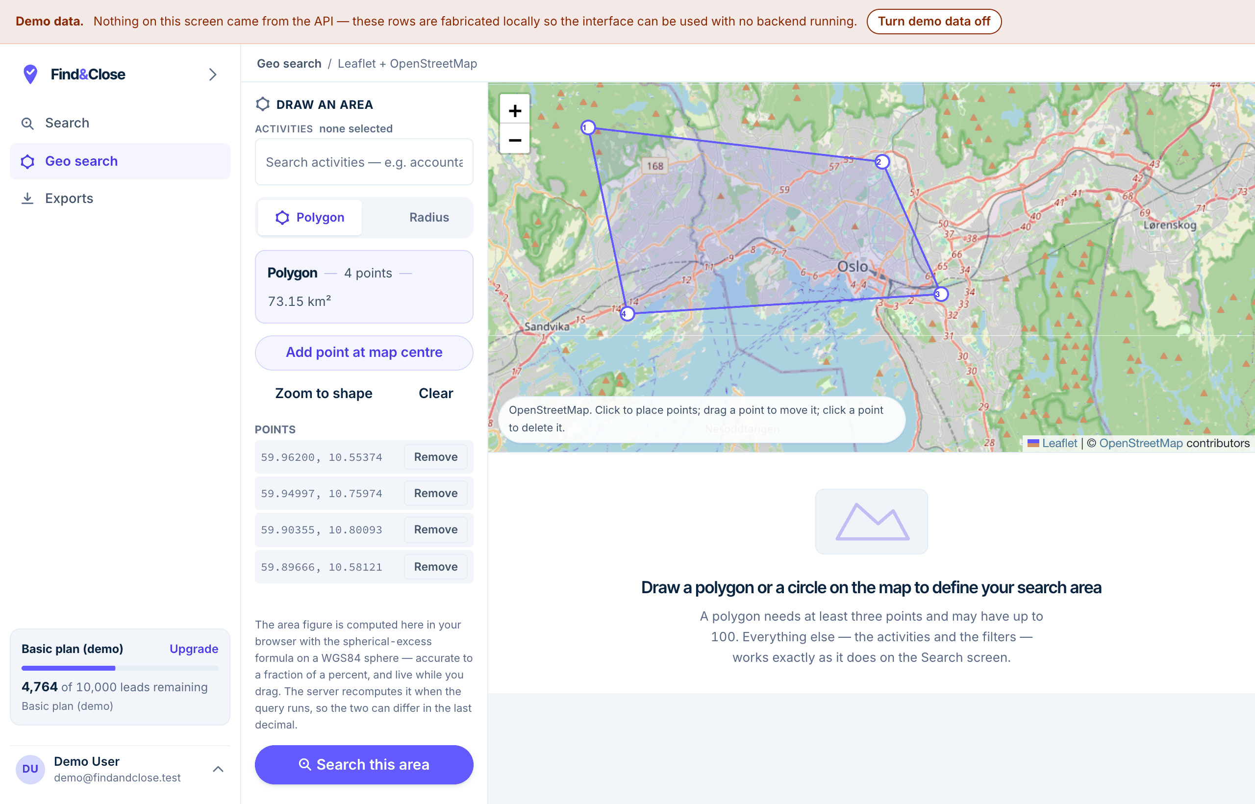 The Geo search screen. A four-point polygon has been drawn over Oslo on an OpenStreetMap map; the panel on the left reports 