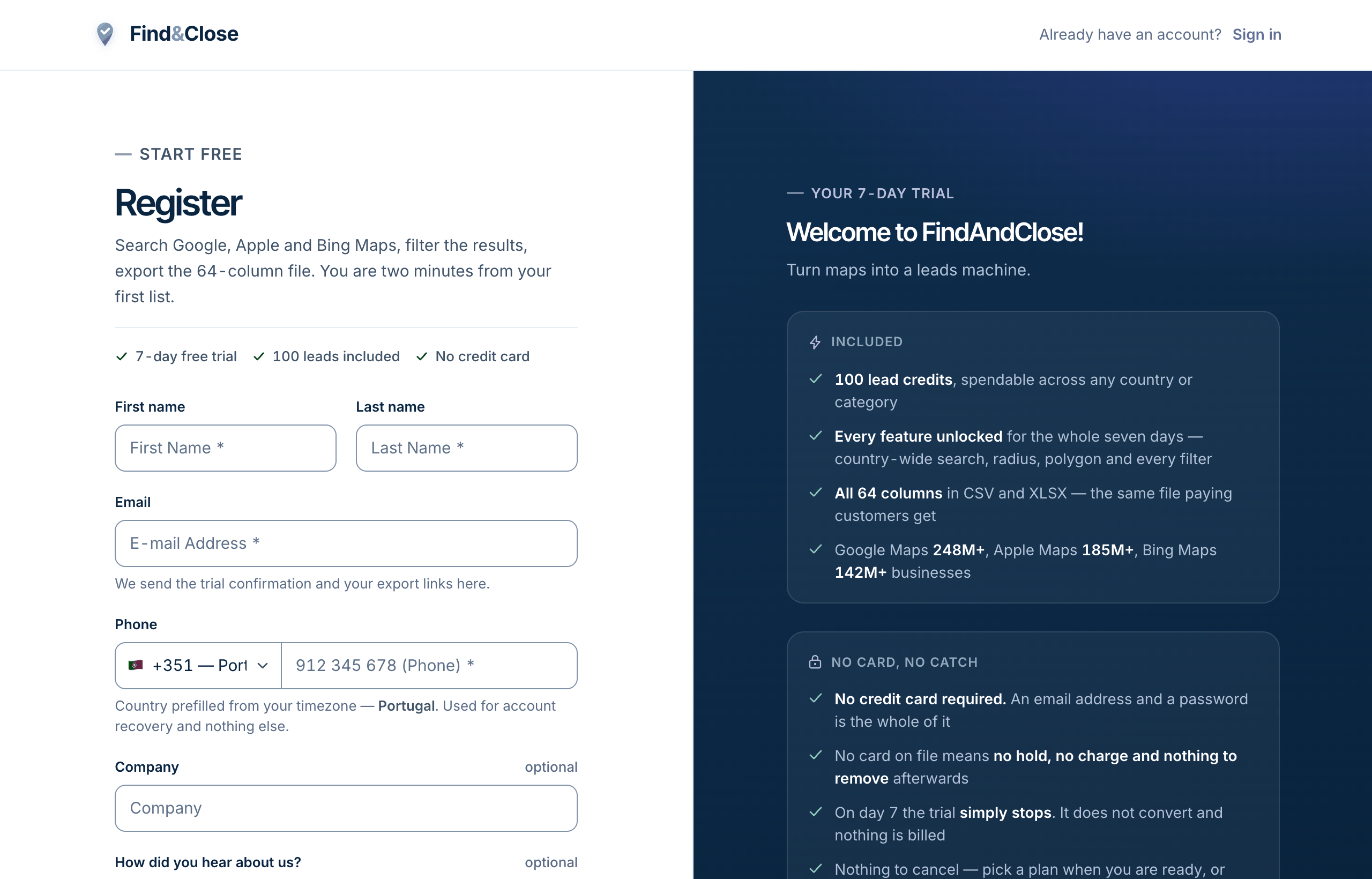 The FindAndClose registration page. A form asking for first name, last name, email, phone and company, headed 